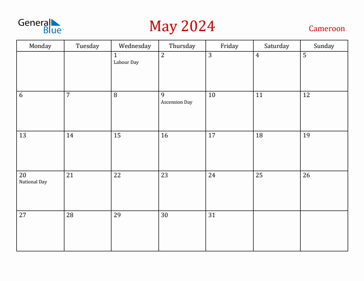 Cameroon May 2024 Calendar - Monday Start