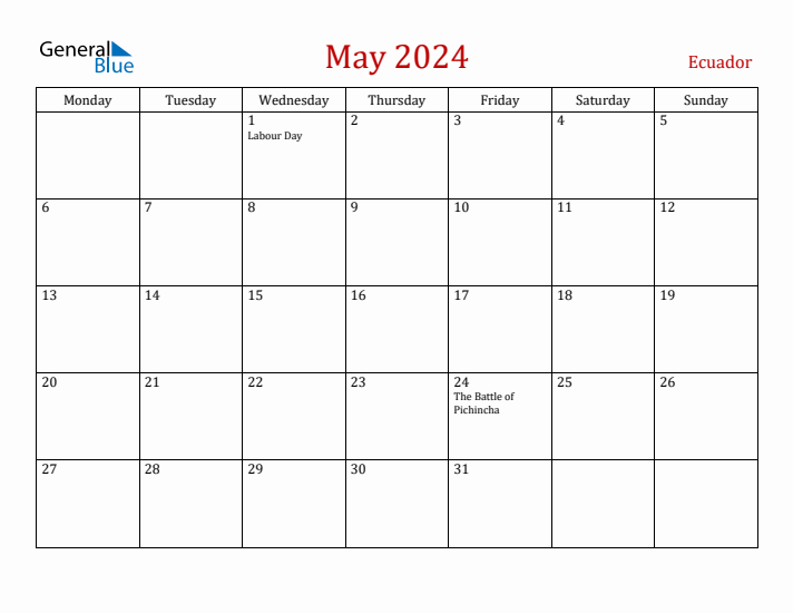 Ecuador May 2024 Calendar - Monday Start