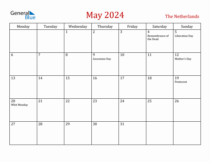 The Netherlands May 2024 Calendar - Monday Start