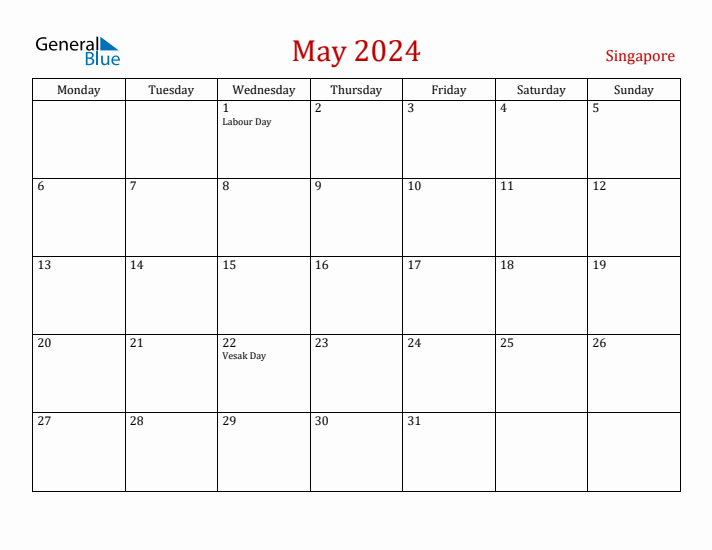 Singapore May 2024 Calendar - Monday Start