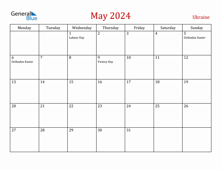 Ukraine May 2024 Calendar - Monday Start