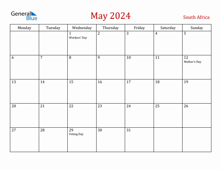 South Africa May 2024 Calendar - Monday Start