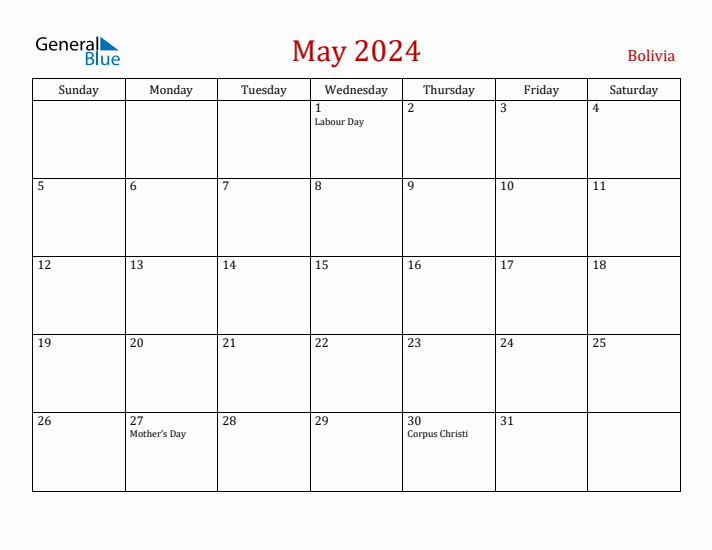 Bolivia May 2024 Calendar - Sunday Start