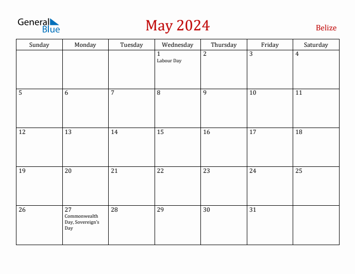 Belize May 2024 Calendar - Sunday Start