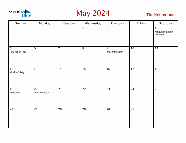 The Netherlands May 2024 Calendar - Sunday Start