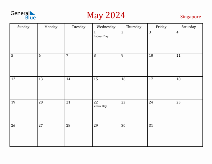 Singapore May 2024 Calendar - Sunday Start