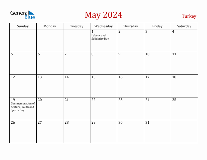 Turkey May 2024 Calendar - Sunday Start