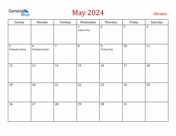 Ukraine May 2024 Calendar - Sunday Start