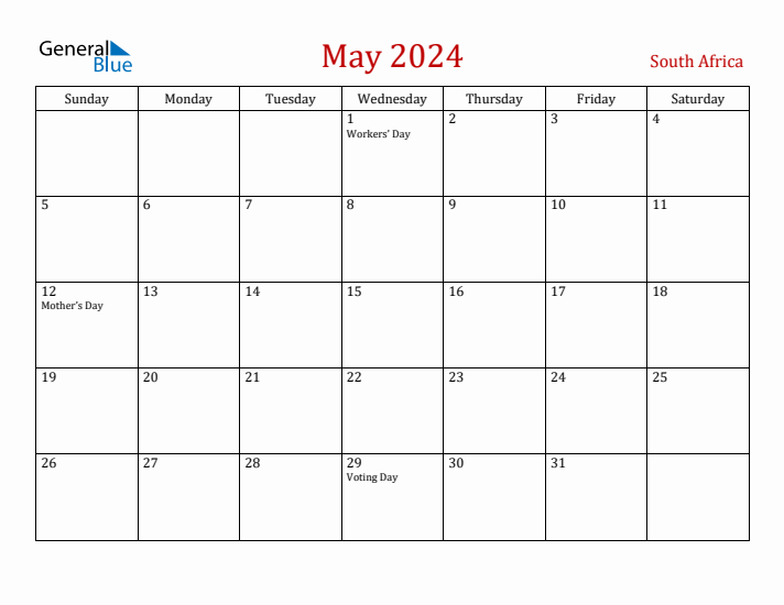 South Africa May 2024 Calendar - Sunday Start