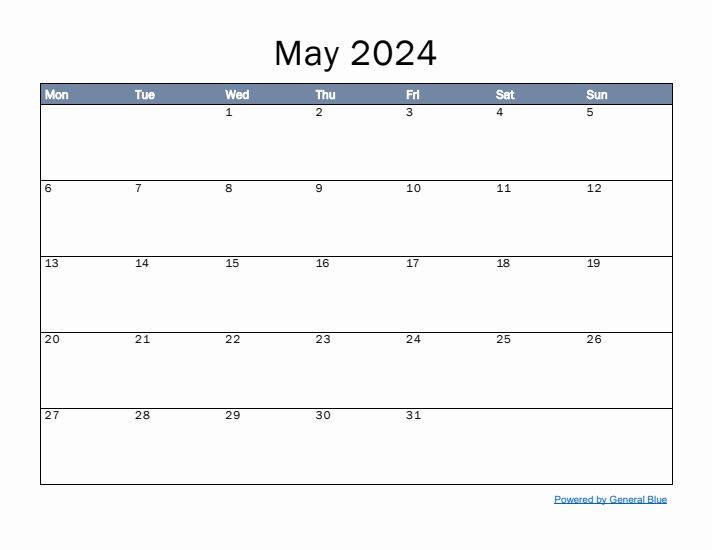 May 2024 Simple Month Calendar Template