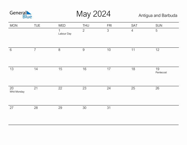 Printable May 2024 Calendar for Antigua and Barbuda