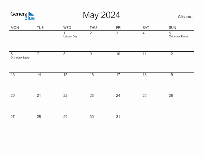 Printable May 2024 Calendar for Albania