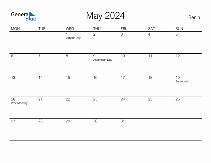 Printable May 2024 Calendar for Benin