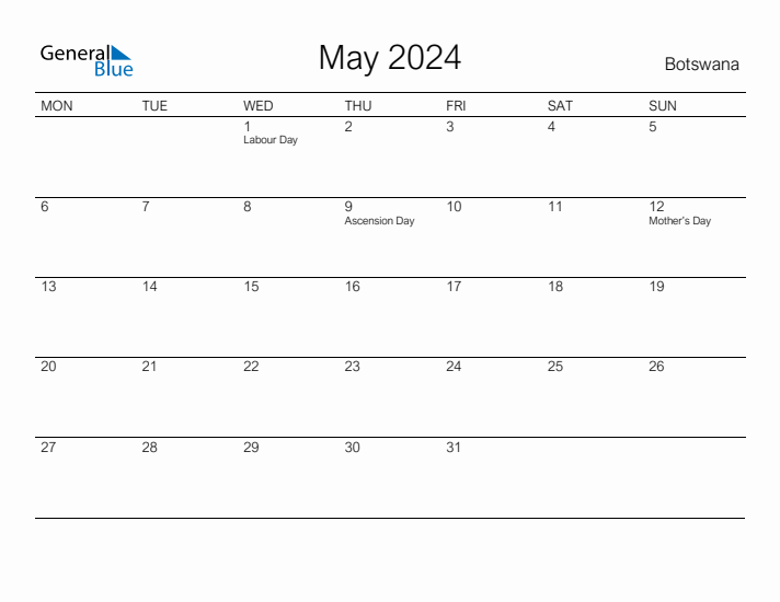 Printable May 2024 Calendar for Botswana