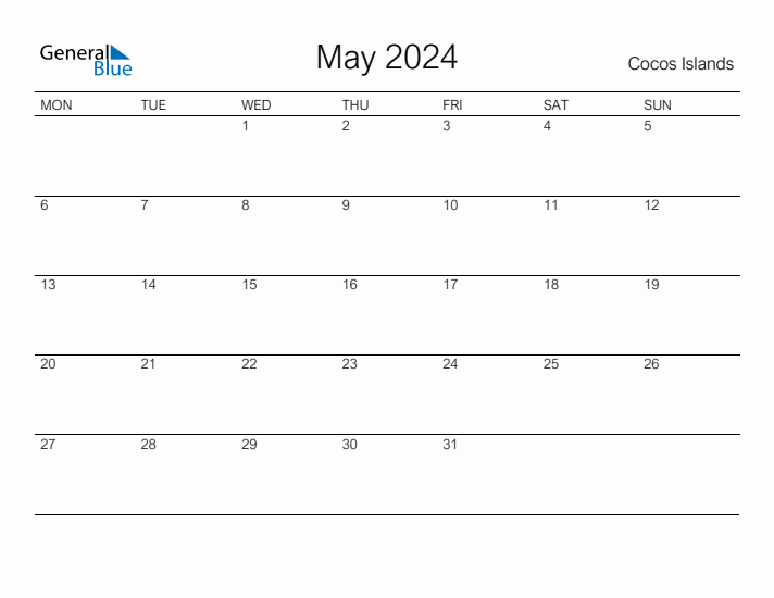 Printable May 2024 Calendar for Cocos Islands