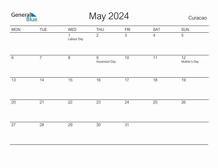 Printable May 2024 Calendar for Curacao