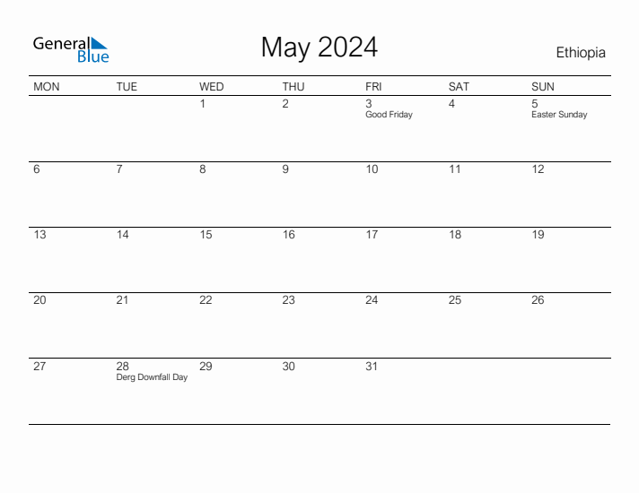 Printable May 2024 Calendar for Ethiopia