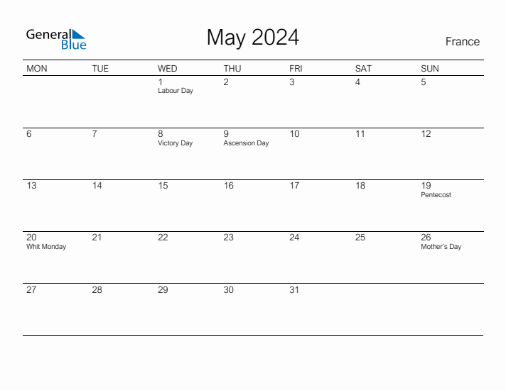 Printable May 2024 Calendar for France