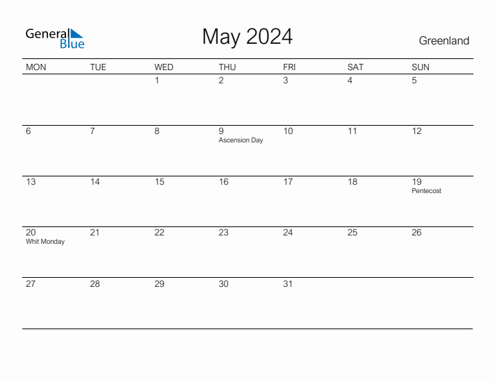 Printable May 2024 Calendar for Greenland