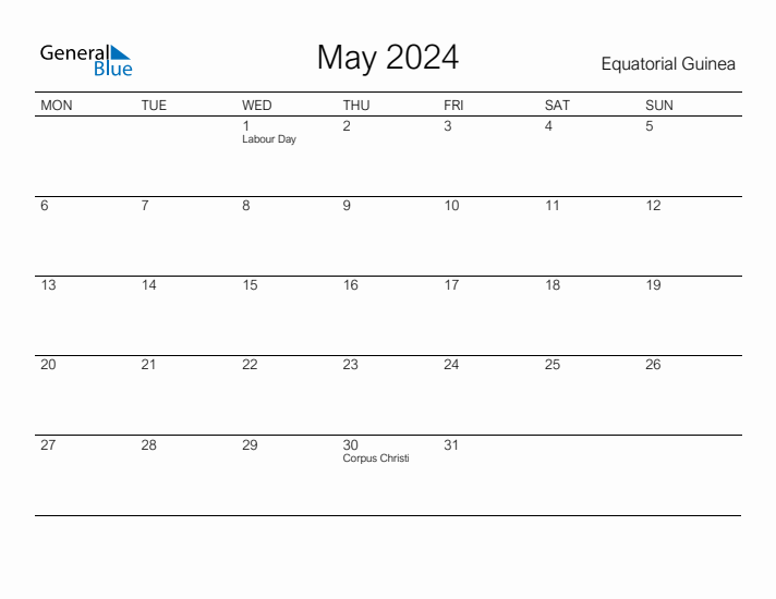 Printable May 2024 Calendar for Equatorial Guinea