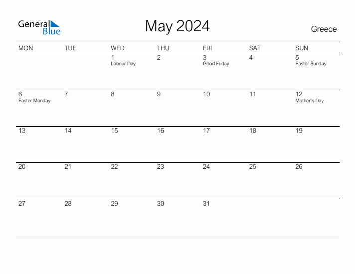 Printable May 2024 Calendar for Greece