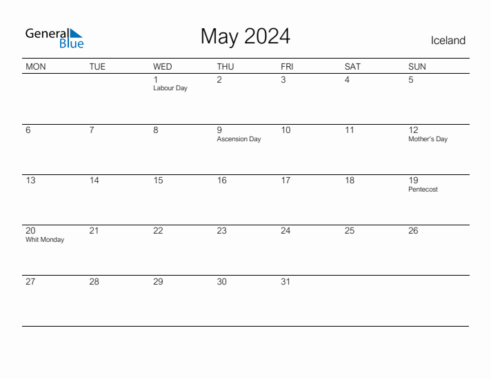 Printable May 2024 Calendar for Iceland