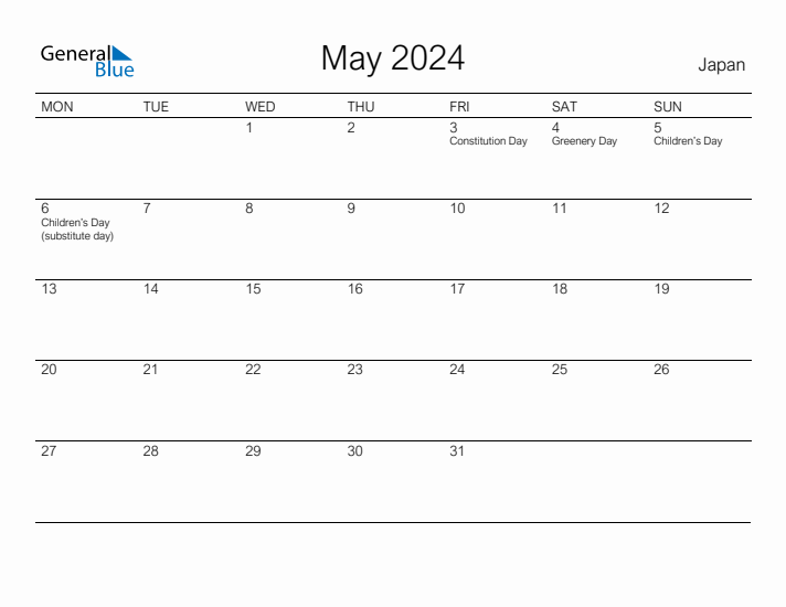 Printable May 2024 Calendar for Japan