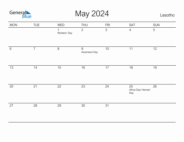 Printable May 2024 Calendar for Lesotho