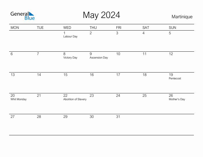 Printable May 2024 Calendar for Martinique