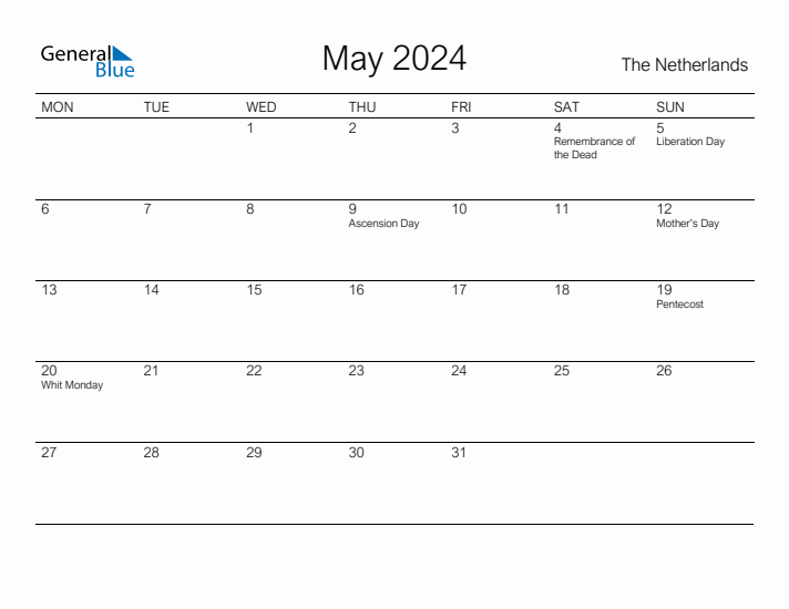 Printable May 2024 Calendar for The Netherlands