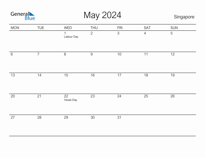 Printable May 2024 Calendar for Singapore