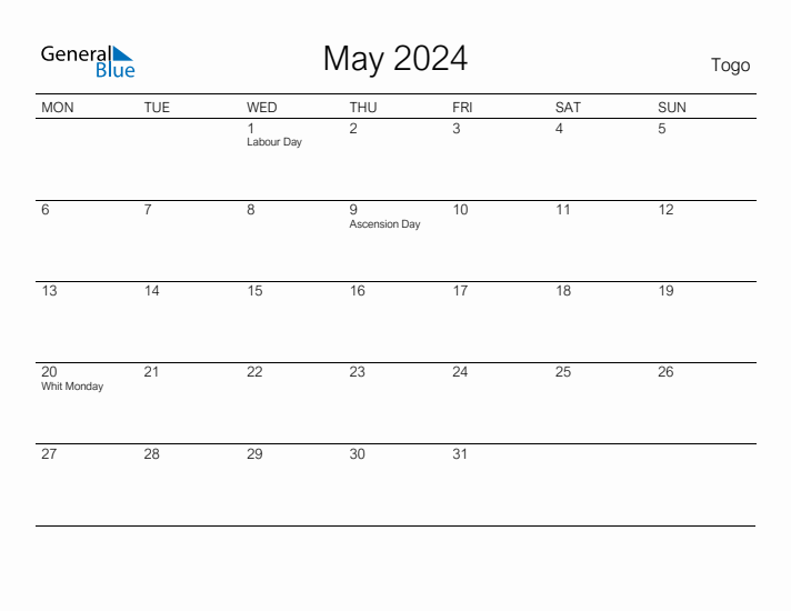 Printable May 2024 Calendar for Togo