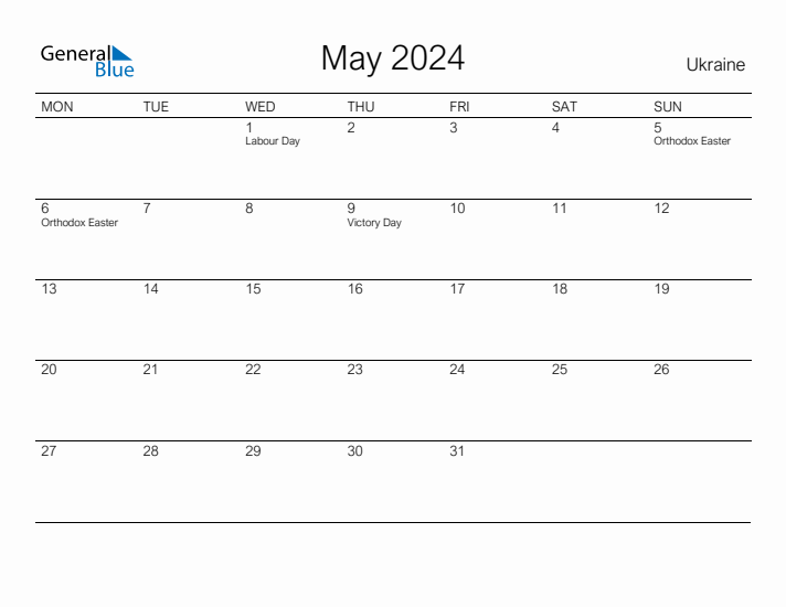 Printable May 2024 Calendar for Ukraine