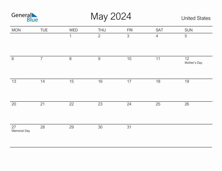 Printable May 2024 Calendar for United States