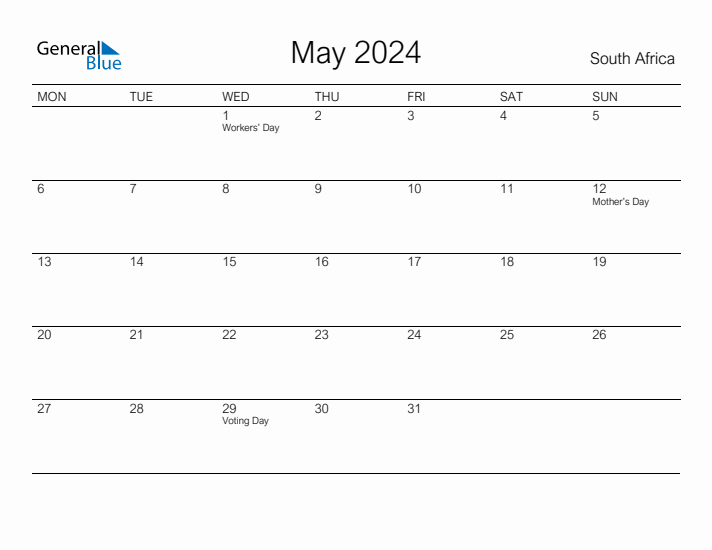 Printable May 2024 Calendar for South Africa