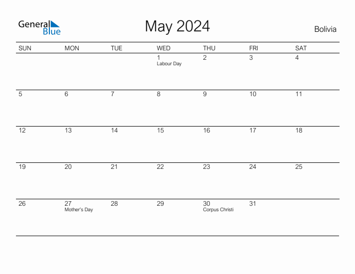 Printable May 2024 Calendar for Bolivia