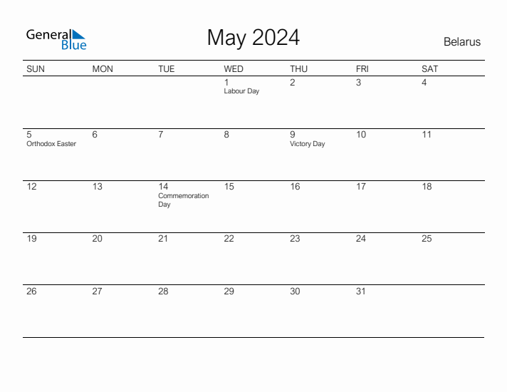 Printable May 2024 Calendar for Belarus