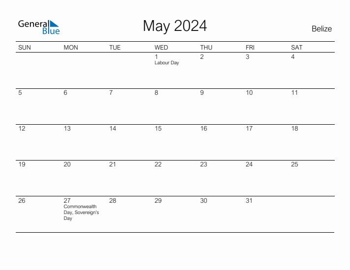 Printable May 2024 Calendar for Belize