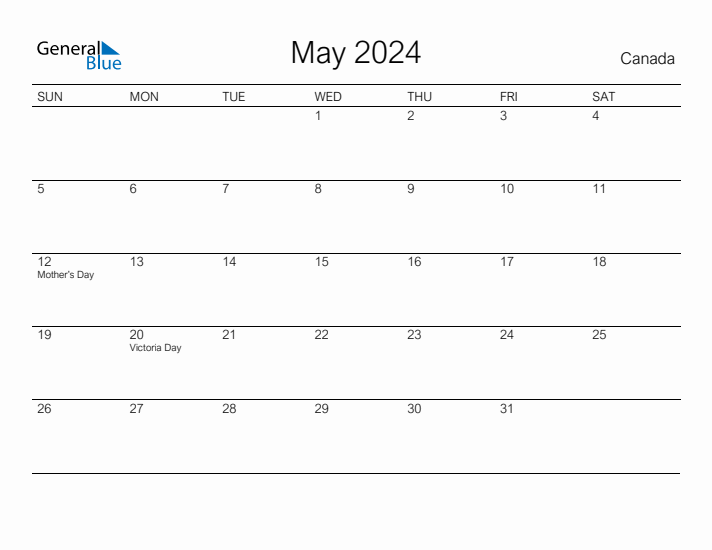 Printable May 2024 Calendar for Canada