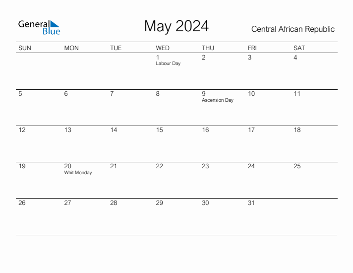 Printable May 2024 Calendar for Central African Republic