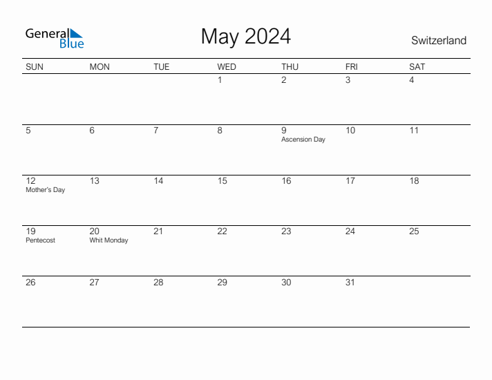 Printable May 2024 Calendar for Switzerland