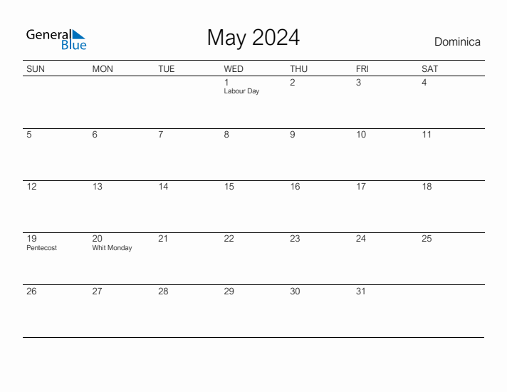 Printable May 2024 Calendar for Dominica