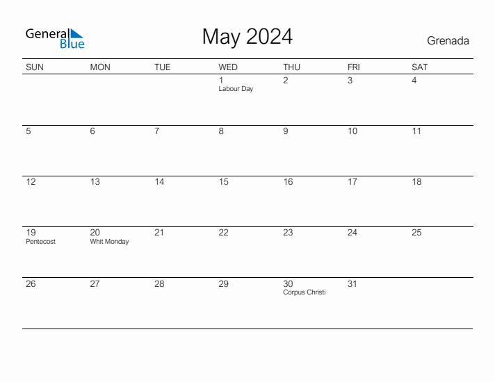 Printable May 2024 Calendar for Grenada