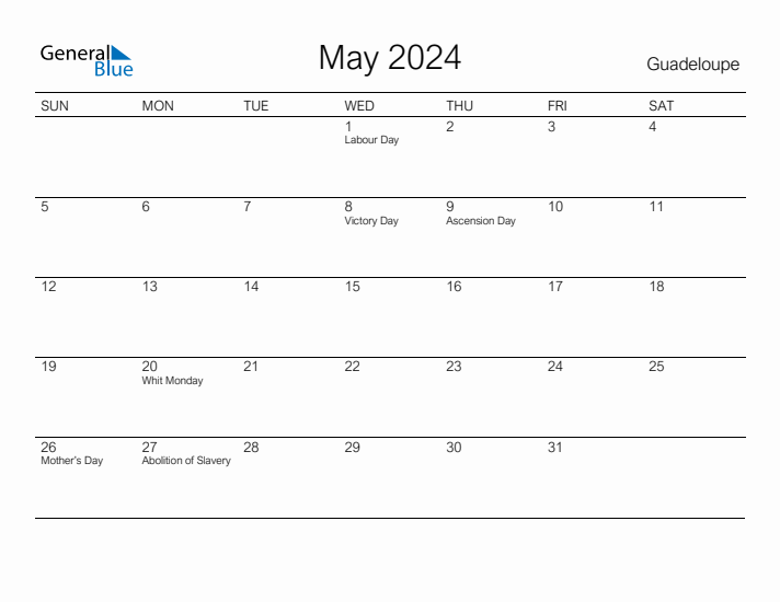 Printable May 2024 Calendar for Guadeloupe