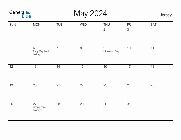 Printable May 2024 Calendar for Jersey