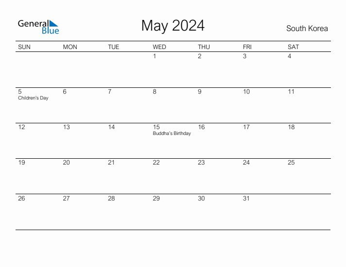 Printable May 2024 Calendar for South Korea