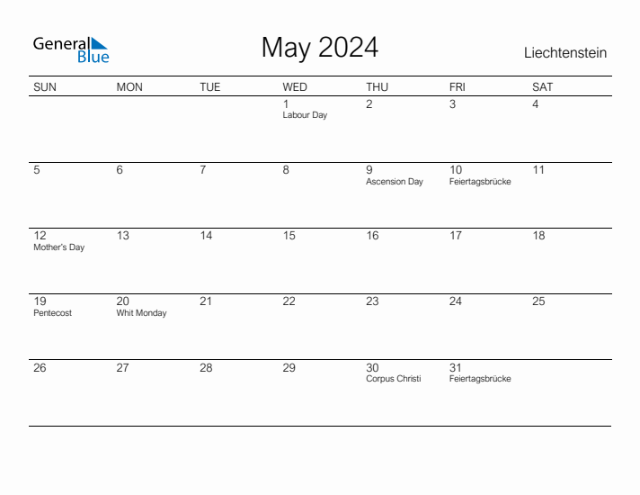 Printable May 2024 Calendar for Liechtenstein