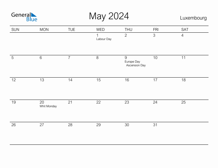 Printable May 2024 Calendar for Luxembourg