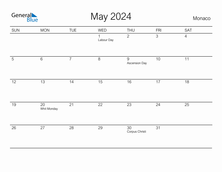 Printable May 2024 Calendar for Monaco