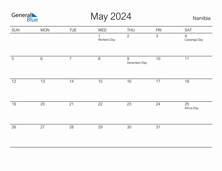 Printable May 2024 Calendar for Namibia